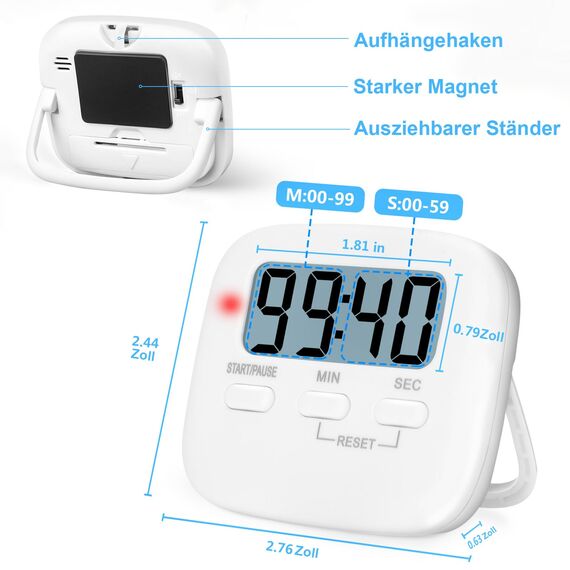 Digitaler Küchentimer Magnetisch Eieruhr Timer Küchenuhr Stoppuhr Countdown Count up, Laut Ton Küchenwecker Zeitmesser Küche Kurzzeitwecker mit LCD zum Kochen Backen Sport Lernen, mit Batterie