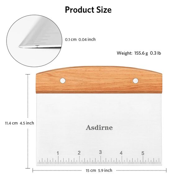 Asdirne Teigschaber, Teigschaber Edelstahl mit Holzgriff und Edelstahlklinge in Lebensmittelqualität, Gebäckschaber, 15CM