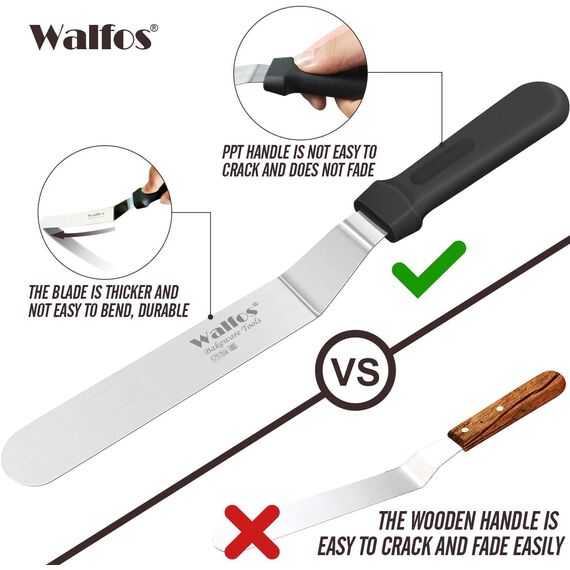 Walfos Abgewinkelter Zuckergussspatel - Edelstahl Tortenspatel Offset Tortenspatel Set zum Backen, Kunststoffgriff für einfachen Griff (15cm, 20cm, 25cm)