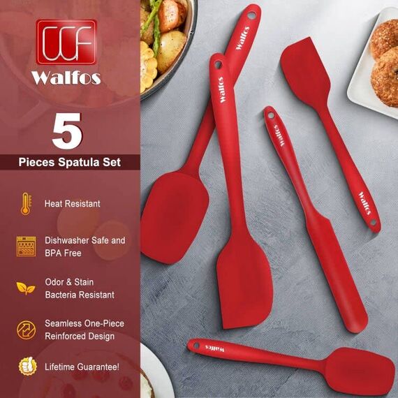 Walfos Silikon Spachtel, Hitzebeständiger bis 600°F Spatel, Antihaft Silikon Spatel Set mit Metallkern Ideal für Kochen und Backen (5 Stück Rot Spatel)
