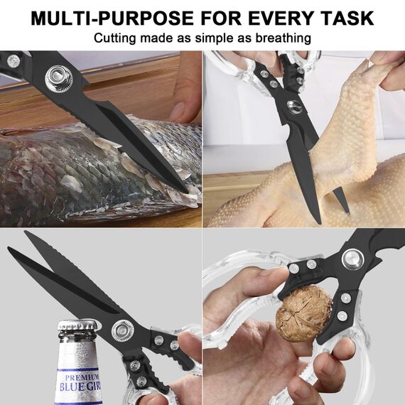 CGBE Multifunktionale Küchenschere aus Edelstahl: Scharfe Haushaltsschere für Küche - Transparenter Griff - Allzweckschere für Huhn Geflügel Fisch Fleisch Kräuter - Schwarz