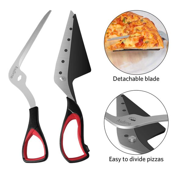 Asdirne Pizzaschere, Pizzaschneider mit Scharfer Edelstahlklinge in Lebensmittelqualität und Griff mit Weichem Griff, Multifunktionale Küchenschere, 27CM, Schwarz/Rot