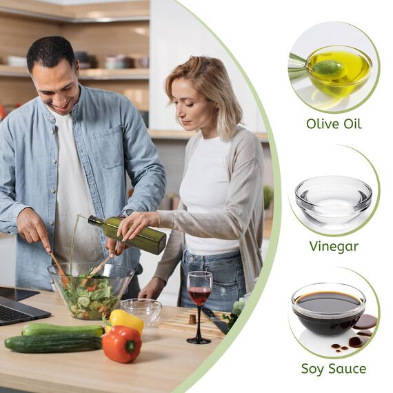 DUNSOO Ölflasche, 2x500 ml Essig und Ölspender, Olivenölflasche mit Trichter, Anlaufgeschütztem Deckel, Etikett, Glasflasche für Küche und BBQ (Grün, 500ml)