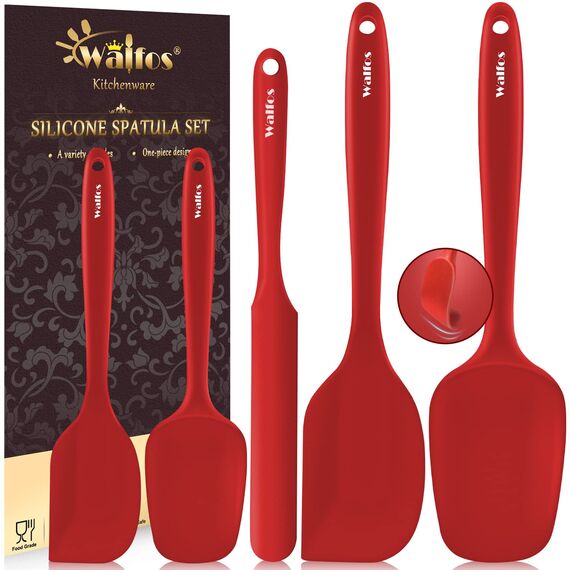 Walfos Silikon Spachtel, Hitzebeständiger bis 600°F Spatel, Antihaft Silikon Spatel Set mit Metallkern Ideal für Kochen und Backen (5 Stück Rot Spatel)