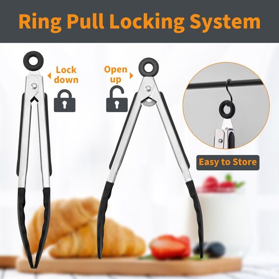 WISYOK 18cm Grillzange Hitzebeständige, Küchenzange, Zange Küche, Kochzange mit Edelstahl und Silikonspitze, Silikonzangen, Tongs Kitchen, Fleischzange, Nudelzange zum Kochen, Grillen (Schwarz)