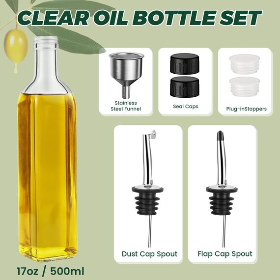 Ölflasche, 2 x 500 ml Essig und Ölspender, Olivenölflasche mit Trichter, Anlaufgeschütztem Deckel, Etikett, Glasflasche für Küche und BBQ