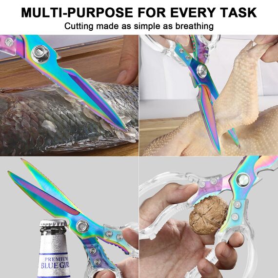 CGBE Multifunktionale Küchenschere aus Edelstahl: Scharfe Haushaltsschere für Küche - Transparenter Griff - Allzweckschere für Huhn Geflügel Fisch Fleisch Kräuter - Mehrfarbig