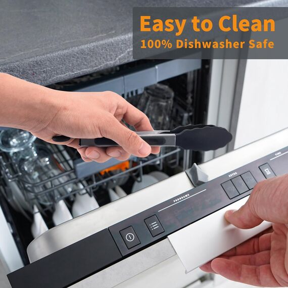 WISYOK 18cm Grillzange Hitzebeständige, Küchenzange, Zange Küche, Kochzange mit Edelstahl und Silikonspitze, Silikonzangen, Tongs Kitchen, Fleischzange, Nudelzange zum Kochen, Grillen (Schwarz)