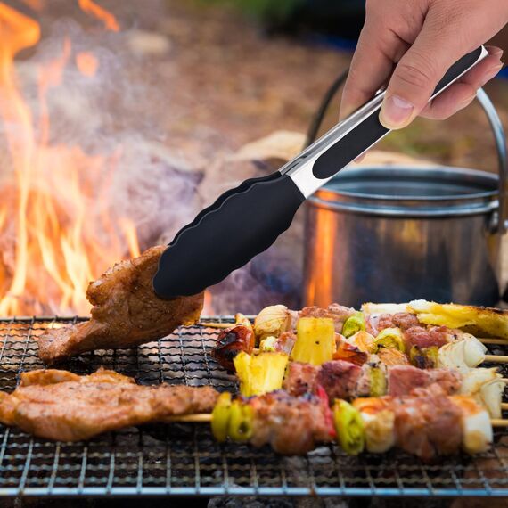 WISYOK Grillzange 23cm, Küchenzange Hitzebeständige, Zange Küche, Kochzange mit Edelstahl und Silikonspitze, Silikonzangen, Fleischzange zum Kochen, Grillen (Schwarz)