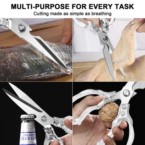 CGBE Multifunktionale Küchenschere aus Edelstahl: Scharfe Haushaltsschere für Küche - Transparenter Griff - Allzweckschere für Huhn Geflügel Fisch Fleisch Kräuter - Silber
