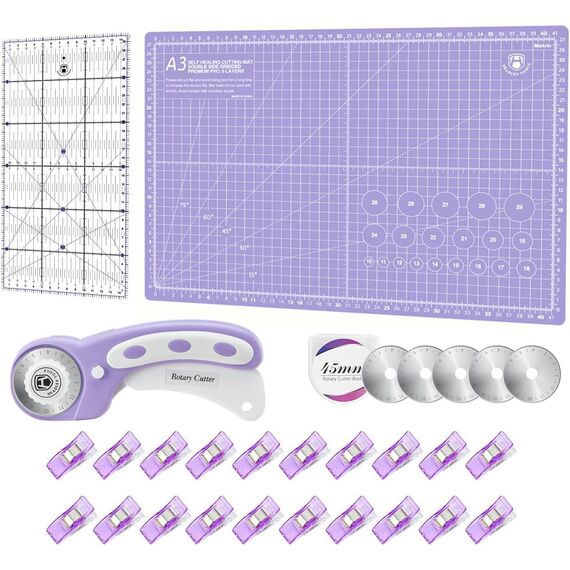 Rollschneider Set - 45mm Rollschneider Stoffschneider Set inkl. A3 Schneidematte, Ersatzklingen, Patchwork-Lineal, Stoffklammern, ideal zum Basteln, Nähen, Patchworken (Lila)