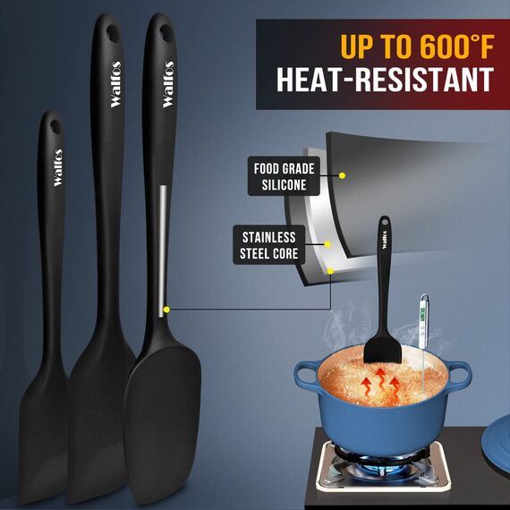 Walfos Silikon Spachtel, Hitzebeständige bis 600°F, Antihaft-Küchenbackwerkzeuge Silikon Spatel Set mit Metallkern Ideal für Kochen und Backen (5 Stück Schwarze Spatel)