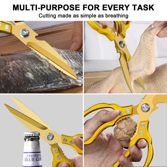 CGBE Küchenschere, Haushaltsschere aus Edelstahl, Strapazierfähig, Spülmaschinenfest, Allzweckschere, Scharfe Kochschere für Küche, Huhn, Geflügel, Fisch, Fleisch, Kräuter, Ganz Gold