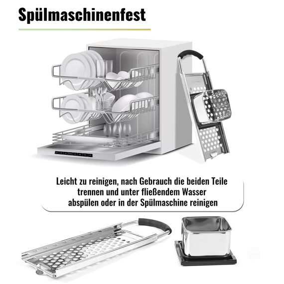 Spätzlehobel,Spätzlepresse mit Gummigriff,Spätzlereibe aus hochwertigem Edelstahl spülmaschinenfest,Spätzlesieb ist ideal für selbstgemachte Spätzle und Knöpfle für alle Töpfe bis Ø 30 cm.