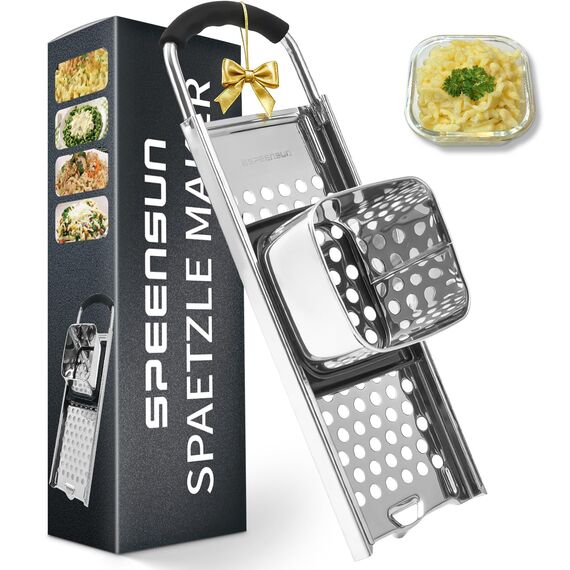 Spätzlehobel,Spätzlepresse mit Gummigriff,Spätzlereibe aus hochwertigem Edelstahl spülmaschinenfest,Spätzlesieb ist ideal für selbstgemachte Spätzle und Knöpfle für alle Töpfe bis Ø 30 cm.