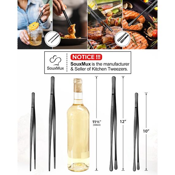 2 Stück 25.5cm-Kochpinzette Zangen Präzision Gezackte Spitzen, Edelstahl Professionelle Kochpinzette Küchenwerkzeuge zum Grillen, Beschichten und Servieren (Schwarz)