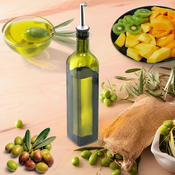 DUNSOO Ölflasche, 2x500 ml Essig und Ölspender, Olivenölflasche mit Trichter, Anlaufgeschütztem Deckel, Etikett, Glasflasche für Küche und BBQ (Grün, 500ml)