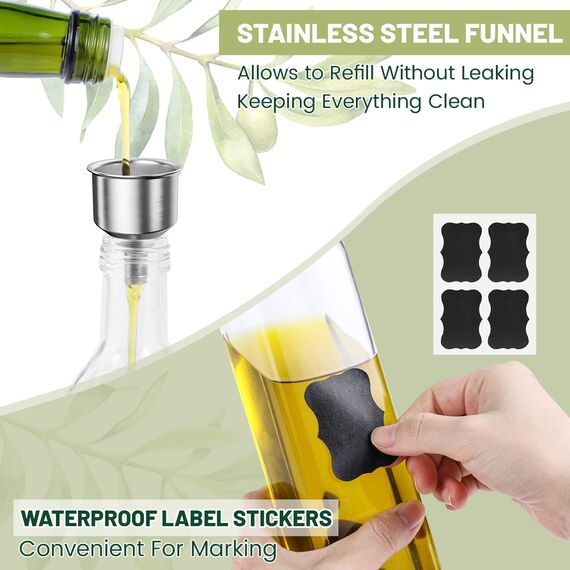 Ölflasche, 2 x 500 ml Essig und Ölspender, Olivenölflasche mit Trichter, Anlaufgeschütztem Deckel, Etikett, Glasflasche für Küche und BBQ