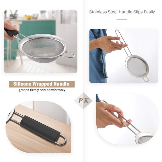 ipow Sieb küchensieb aus Edelstahl, Premium Feines feinsieb kochsieb mit bequemen rutschfesten verdickten schwarzen Silikon Griffen - Set 7/12 / 18cm