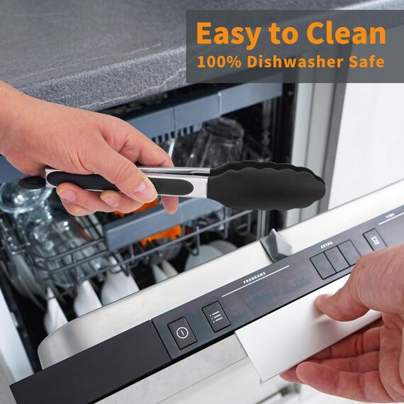 WISYOK Grillzange 23cm, Küchenzange Hitzebeständige, Zange Küche, Kochzange mit Edelstahl und Silikonspitze, Silikonzangen, Fleischzange zum Kochen, Grillen (Schwarz)