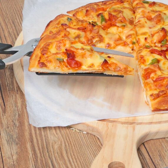 Asdirne Pizzaschere, Pizzaschneider mit Schaufel, scharfe Klinge aus lebensmittelechtem Edelstahl und weichem Griff, multifunktionale Küchenschere, 27 cm, Schwarz/Grau