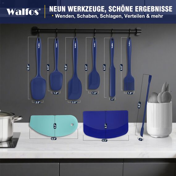 Walfos Silikonschaber-Set (9 Stück) Hitzebeständige Silikonspatel und -bürste mit Edelstahlkern, flexibler Teigschaber & Antihaft-Gummispatel zum Kochen, Backen und Mischen, blau