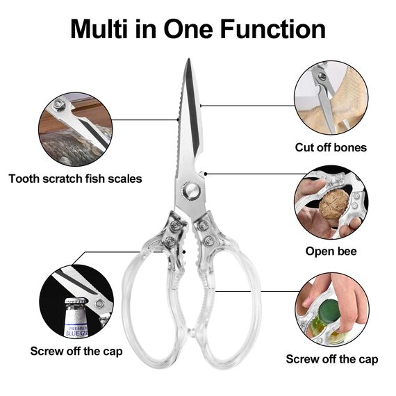 CGBE Multifunktionale Küchenschere aus Edelstahl: Scharfe Haushaltsschere für Küche - Transparenter Griff - Allzweckschere für Huhn Geflügel Fisch Fleisch Kräuter - Silber