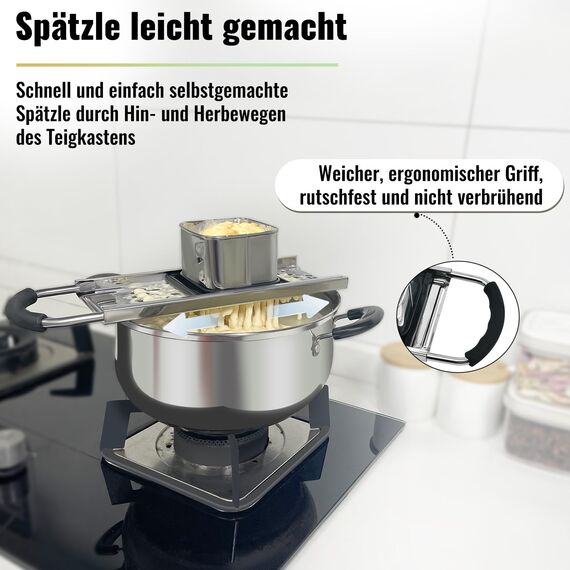SPEENSUN Spätzlehobel+Schöpflöffel [Topf Ø von 16-30cm] mit Gummigriff Spülmaschinenfest,Spätzlereibe aus hochwertigem Edelstahl,Spätzlesieb ideal für selbstgemachte Spätzle&Knöpfle