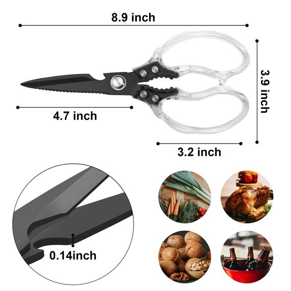 CGBE Multifunktionale Küchenschere aus Edelstahl: Scharfe Haushaltsschere für Küche - Transparenter Griff - Allzweckschere für Huhn Geflügel Fisch Fleisch Kräuter - Schwarz