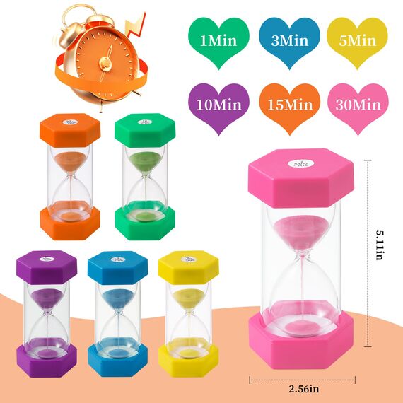6 Stück Bunter Sanduhren für Kinder,Buntes Sanduhren Set 1/3/5/10/15/30 Minuten,Zeitmesser Sanduhren für das Leben der Kinder,Lernen,Spiel Timing,Kreative Geschenke (C-6 Stück)