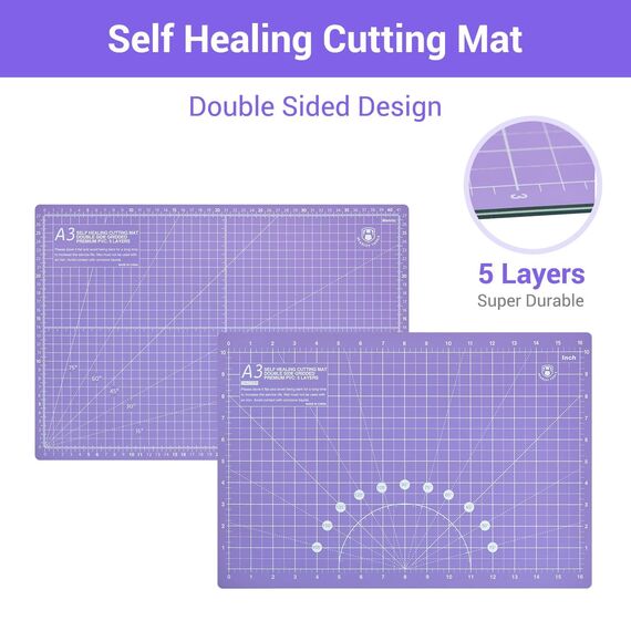 Rollschneider Set - 45mm Rollschneider Stoffschneider Set inkl. A3 Schneidematte, Ersatzklingen, Patchwork-Lineal, Stoffklammern, ideal zum Basteln, Nähen, Patchworken (Lila)