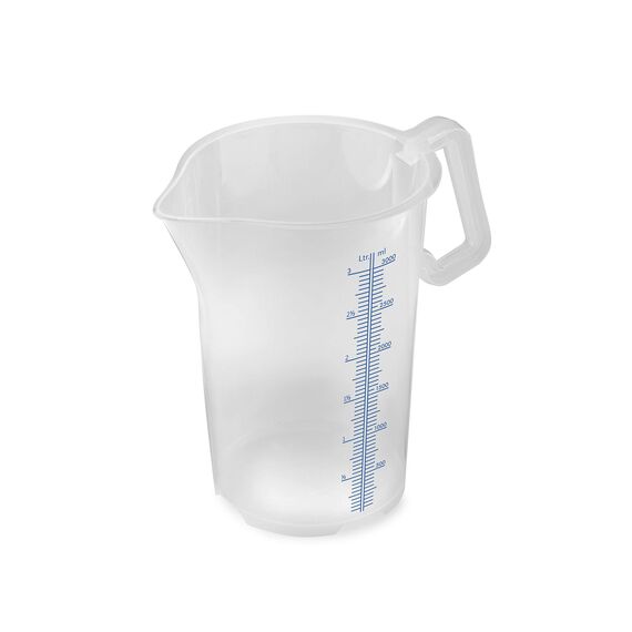 thermohauser Messbecher m. geschlossenem Griff, 3000 ml, Kunststoff PP, blaue Skala in Litern und Millilitern, Klar