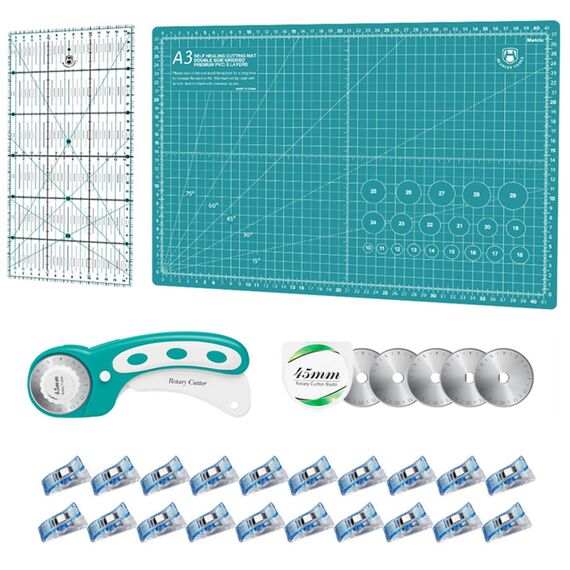 Rollschneider Set - 45mm Rollschneider Stoffschneider Set inkl. A3 Schneidematte, Rollschneider, Ersatzklingen, Patchwork-Lineal, Stoffklammern, ideal zum Basteln, Nähen, Patchworken (Grün)