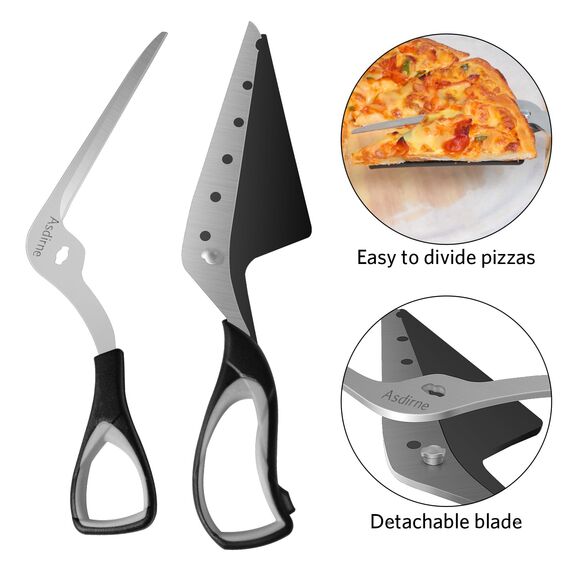 Asdirne Pizzaschere, Pizzaschneider mit Schaufel, scharfe Klinge aus lebensmittelechtem Edelstahl und weichem Griff, multifunktionale Küchenschere, 27 cm, Schwarz/Grau