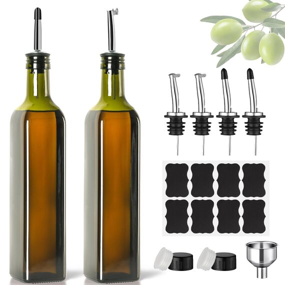 DUNSOO Ölflasche, 2x500 ml Essig und Ölspender, Olivenölflasche mit Trichter, Anlaufgeschütztem Deckel, Etikett, Glasflasche für Küche und BBQ (Grün, 500ml)