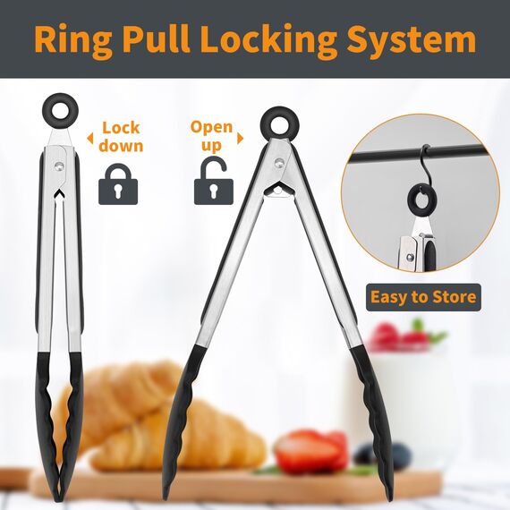 WISYOK Grillzange 3er-set, Küchenzange Hitzebeständige, Zange Küche, Kochzange mit Edelstahl und Silikonspitze, Silikonzangen, Fleischzange zum Kochen, Grillen, 18cm, 23cm und 30cm (Schwarz)