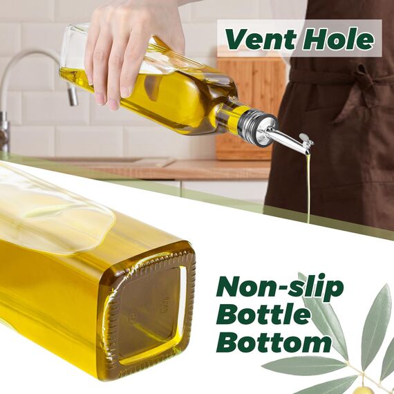 Ölflasche, 4x 500 ml Essig und Ölspender, Olivenölflasche mit Trichter, Anlaufgeschütztem Deckel, Etikett, Glasflasche für Küche und BBQ (Durchsichtig, 500ml)