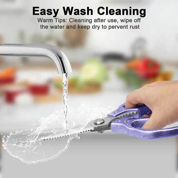 CGBE Küchenschere, Haushaltsschere aus Edelstahl, Strapazierfähig, Spülmaschinenfest, Allzweckschere, Scharfe Kochschere für Küche, Huhn, Geflügel, Fisch, Fleisch, Kräutersilber, Lila