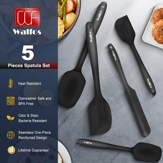 Walfos Silikon Spachtel, Hitzebeständige bis 600°F, Antihaft-Küchenbackwerkzeuge Silikon Spatel Set mit Metallkern Ideal für Kochen und Backen (5 Stück Schwarze Spatel)