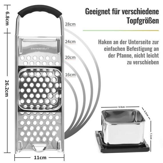 Spätzlehobel,Spätzlepresse mit Gummigriff,Spätzlereibe aus hochwertigem Edelstahl spülmaschinenfest,Spätzlesieb ist ideal für selbstgemachte Spätzle und Knöpfle für alle Töpfe bis Ø 30 cm.