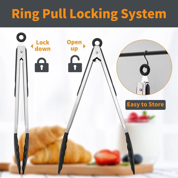 WISYOK 30cm Küchenzangen, Grillzange Hitzebeständige, Zange Küche, Kochzange mit Edelstahl und Silikonspitze, Silikonzangen, Tongs Kitchen, Fleischzange, Nudelzange zum Kochen, Grillen (Schwarz)