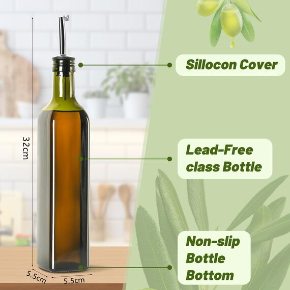 DUNSOO Ölflasche, 2x500 ml Essig und Ölspender, Olivenölflasche mit Trichter, Anlaufgeschütztem Deckel, Etikett, Glasflasche für Küche und BBQ (Grün, 500ml)