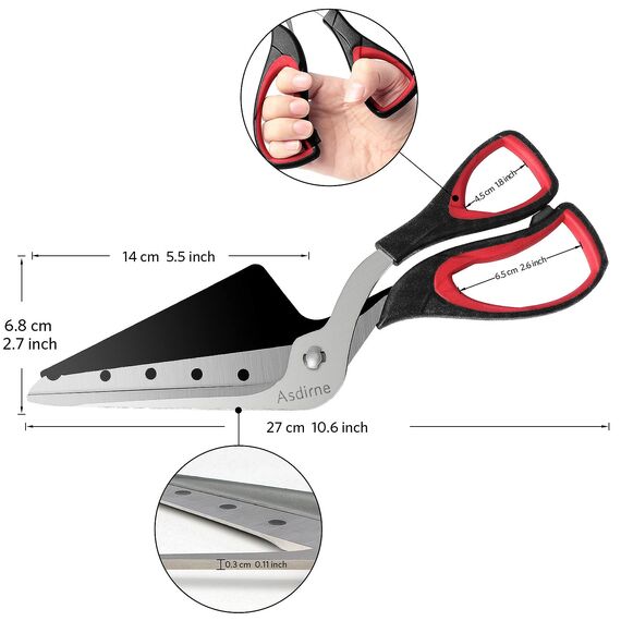Asdirne Pizzaschere, Pizzaschneider mit Scharfer Edelstahlklinge in Lebensmittelqualität und Griff mit Weichem Griff, Multifunktionale Küchenschere, 27CM, Schwarz/Rot