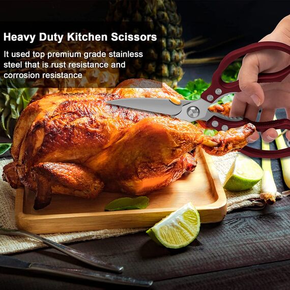 CGBE Küchenschere, Haushaltsschere aus Edelstahl, Strapazierfähig, Spülmaschinenfest, Allzweckschere, Scharfe Kochschere für Küche, Huhn, Geflügel, Fisch, Fleisch, Kräuter, Rot