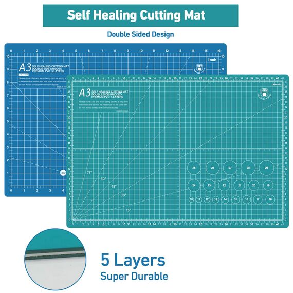 Rollschneider Set - 45mm Rollschneider Stoffschneider Set inkl. A3 Schneidematte, Rollschneider, Ersatzklingen, Patchwork-Lineal, Stoffklammern, ideal zum Basteln, Nähen, Patchworken (Grün)