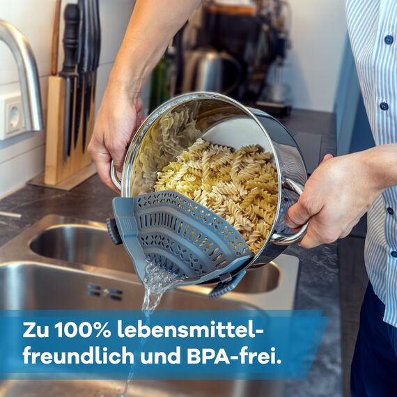 Netrox – Schnappsieb aus Silikon – Nudelsieb Aufsatz zum Einhängen in Topf & Pfanne – BPA-frei, spülmaschinenfestes Küchensieb Sieb – Abtropfsieb als Abgießhilfe für Töpfe Topfsieb - grau groß