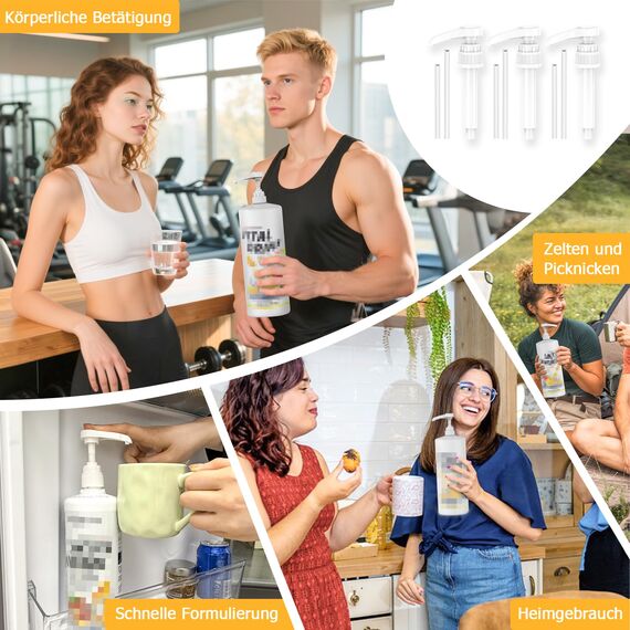 Dosierpumpe für B. Body Nutrition, 3-teilige Vital Drink Erstpumpe Wiederverwendbarer Pumpspender für 500ml/1000ml Flaschen mit 3 Langen und 3 kurzen Schläuchen