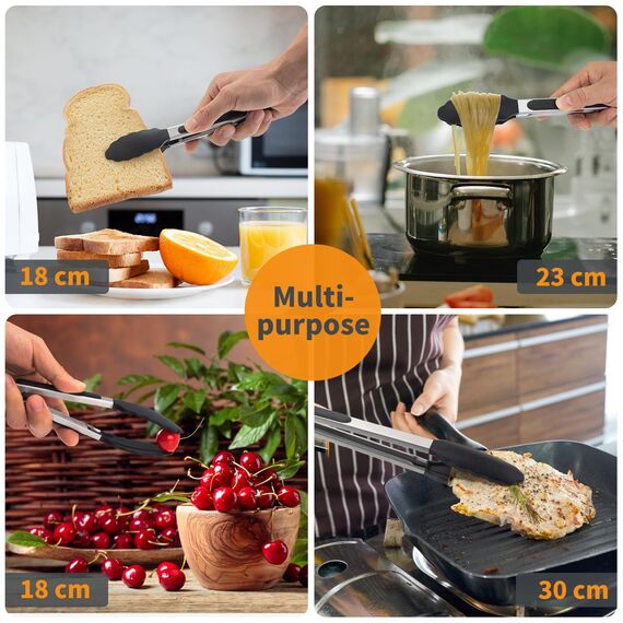 WISYOK Grillzange 3er-set, Küchenzange Hitzebeständige, Zange Küche, Kochzange mit Edelstahl und Silikonspitze, Silikonzangen, Fleischzange zum Kochen, Grillen, 18cm, 23cm und 30cm (Schwarz)