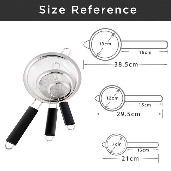 ipow Sieb küchensieb aus Edelstahl, Premium Feines feinsieb kochsieb mit bequemen rutschfesten verdickten schwarzen Silikon Griffen - Set 7/12 / 18cm