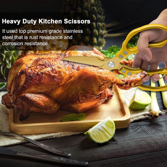CGBE Küchenschere, Haushaltsschere aus Edelstahl, Strapazierfähig, Spülmaschinenfest, Allzweckschere, Scharfe Kochschere für Küche, Huhn, Geflügel, Fisch, Fleisch, Kräuter, Ganz Gold